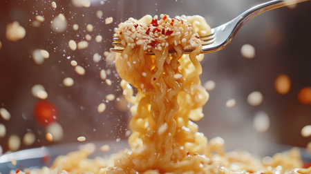 A close-up of a fork lifting perfectly cooked instant noodles from a bowl, dripping with rich sauce, surrounded by a few ingredients like chili flakes and sesame seeds for added flavor.の素材