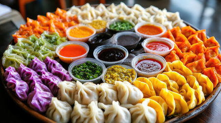 A colorful assortment of dumplings arranged on a platter, with dipping sauces in small bowls, perfect for showcasing the variety and flavors of traditional Asian appetizers.の素材