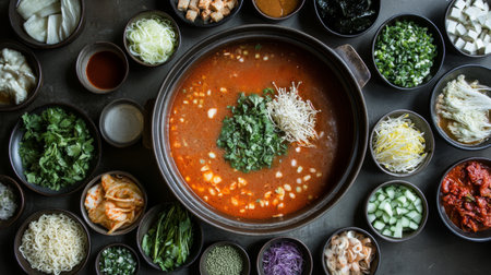 A vibrant display of fresh ingredients arranged for preparing a spicy Korean soup, showcasing vegetables, herbs, and various toppings for a delicious meal.の素材