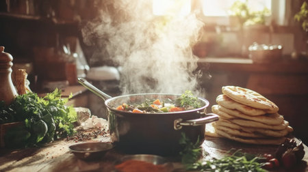 A steaming pot of fresh vegetables simmers in a warm kitchen, surrounded by herbs and rustic cookware, creating a cozy and inviting atmosphere for meal preparation.の素材
