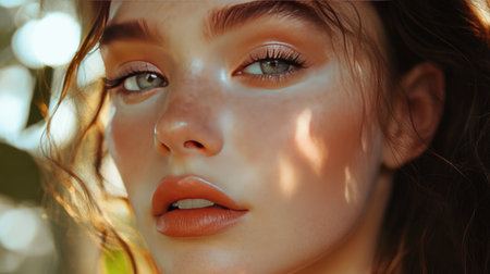 A close-up of a woman with a sophisticated makeup look, including contouring and perfectly blended eyeshadow, with a soft-focus background to emphasize her stunning features.の素材
