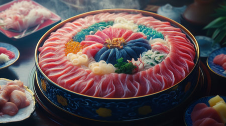 Experience an artistic Japanese sashimi platter featuring an array of vibrant seafood and vegetables, perfect for gourmet dining or celebrations.の素材