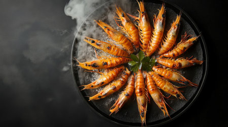 A stunning arrangement of grilled shrimp served on a dark platter, with a hint of smoke and fresh herbs, perfect for showcasing gourmet seafood cooking.の素材