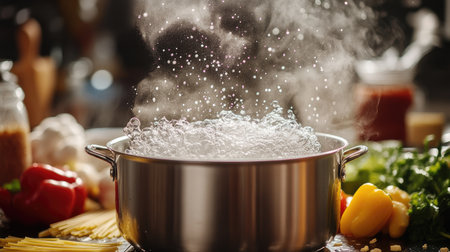 A dynamic image of a pot with boiling water, with steam swirling around and kitchen ingredients like pasta or vegetables ready to be added.の素材