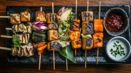 A vibrant assortment of grilled skewers featuring tofu and fresh vegetables, beautifully arranged on a platter, served with dipping sauces for a flavorful experience.の素材