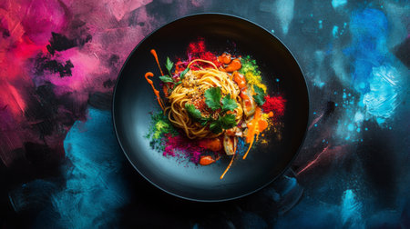 A beautifully presented gourmet pasta dish sits on a black plate, surrounded by vibrant colors. This stunning food art captures creativity and culinary excellence.の素材