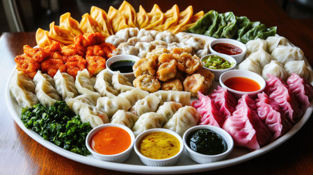 A colorful assortment of dumplings arranged on a platter, with dipping sauces in small bowls, perfect for showcasing the variety and flavors of traditional Asian appetizers.の素材