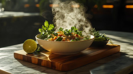 This image features a steaming bowl of freshly prepared food, garnished with vibrant herbs and a slice of lime, evoking a warm culinary atmosphere.の素材
