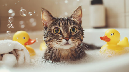 A cute tabby cat sits in a bubbly bath surrounded by cheerful rubber duck toys. The playful scene captures the joy of pet grooming and relaxation.の素材