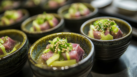 A stunning display of Japanese cuisine featuring fresh ingredients elegantly presented in small bowls. This appetizing dish showcases vibrant colors and textures.の素材