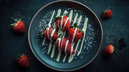 A creative shot of chocolate-covered strawberries arranged on a beautiful plate, drizzled with white chocolate, making for a romantic dessert perfect for special occasions.の素材