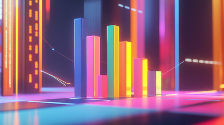 A dynamic D bar graph with vibrant colors representing different financial metrics, rising from a sleek platform, with lines and numbers floating in the background.の素材
