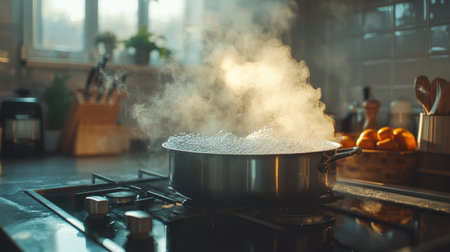A shot of a large pot of water boiling on an electric stove, with steam and bubbles clearly visible, highlighting the modern kitchen setup.の素材