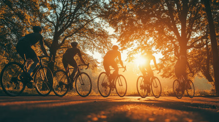 A group of cyclists in silhouette, pedaling through a scenic park at dawn, with trees and soft morning light framing their dynamic motion, symbolizing health and vitality.の素材