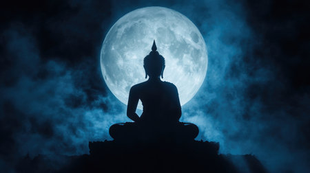 A silhouette of a seated Buddha statue framed by a large, round full moon, with the moonlight casting a soft glow around the figure and creating a mystical effect.の素材