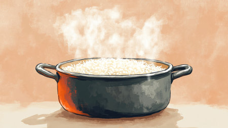 A pot of hot steamed rice just after being cooked, with steam escaping as the lid is lifted, capturing the moment of freshness and warmth.の素材