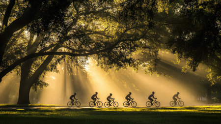 A group of cyclists in silhouette, pedaling through a scenic park at dawn, with trees and soft morning light framing their dynamic motion, symbolizing health and vitality.の素材
