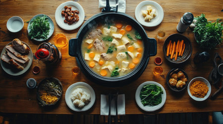 A rustic wooden table set with a hot pot filled with broth, surrounded by various dipping ingredients, capturing the essence of cozy family dinners and shared experiences.の素材