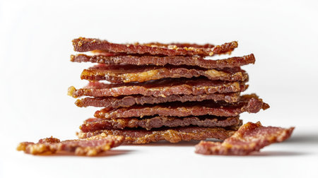 A stack of golden-brown bacon strips piled high on a white background, with a few crispy pieces leaning against the stack, showcasing the irresistible allure of freshly cooked bacon.の素材