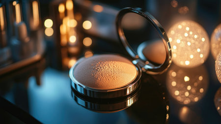 A stylish close-up of a powder puff and compact powder on a modern, sleek makeup table, with subtle lighting that highlights the texture and quality of the products.の素材