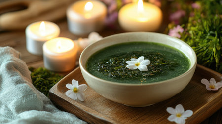 A tranquil setting featuring a bowl of seaweed soup on a wooden tray, surrounded by candles and flowers, creating a calming atmosphere perfect for relaxation.の素材