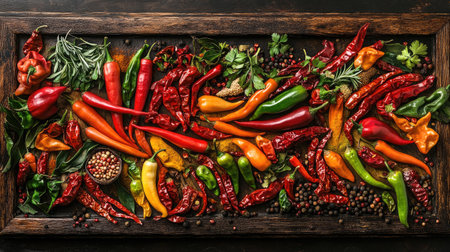 A vibrant arrangement of assorted chili peppers, spices, and herbs spread across a rustic wooden table, showcasing the rich colors and textures that enhance culinary creations.の素材