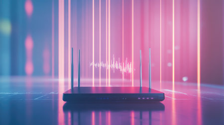 A wireless router with digital waves radiating outward, representing strong wireless communication signals, set against a clean, minimalist tech-inspired backdrop.の素材