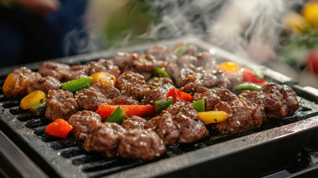Close-up of sizzling bulgogi being cooked on a tabletop grill, with fresh vegetables and marinade, capturing the mouthwatering aroma and the interactive dining experience.の素材
