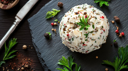 A top-down view of a gourmet cheese ball, beautifully garnished with herbs and spices, displayed on a slate serving board, capturing the elegance of this delicious appetizer.の素材