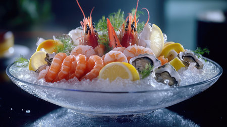 A vibrant seafood platter featuring a variety of fresh oysters, shrimp, and lobster, artfully arranged on crushed ice, garnished with lemon wedges and herbs for an elegant dining experience.の素材