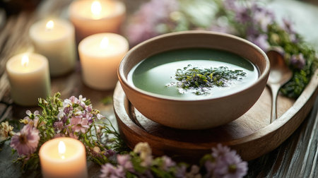 A tranquil setting featuring a bowl of seaweed soup on a wooden tray, surrounded by candles and flowers, creating a calming atmosphere perfect for relaxation.の素材