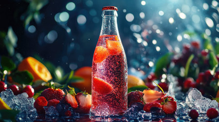 A vibrant scene of a chilled bottle of sparkling soda surrounded by ice and fruit garnishes, with droplets of condensation on the bottle and a festive setting.の素材