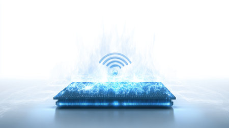 A Wi-Fi router emitting digital signal waves, with a glowing Wi-Fi icon hovering above it, set against a white background to represent strong, reliable internet connectivity.の素材