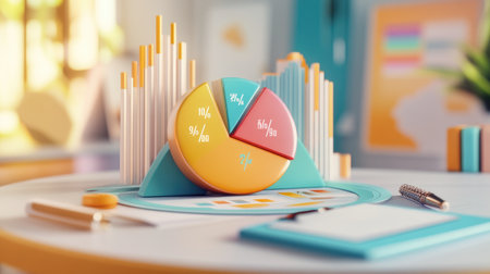 A visually appealing infographic featuring a D pie chart integrated with icons and percentages, placed on a workspace desk with a notepad and pen, capturing the essence of effective data communication.の素材