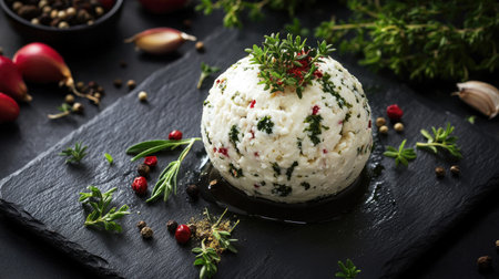 A top-down view of a gourmet cheese ball, beautifully garnished with herbs and spices, displayed on a slate serving board, capturing the elegance of this delicious appetizer.の素材