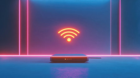 A Wi-Fi router emitting digital signal waves, with a glowing Wi-Fi icon hovering above it, set against a white background to represent strong, reliable internet connectivity.の素材