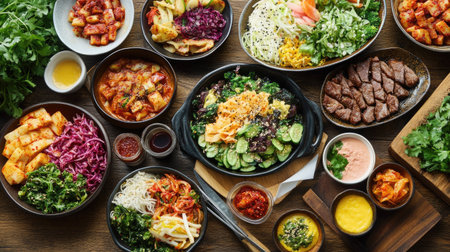 A vibrant spread of Korean dishes on a wooden table, featuring bibimbap, kimchi, and bulgogi, all beautifully arranged, showcasing the colorful and flavorful essence of Korean cuisine.の素材