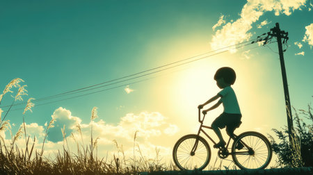 A whimsical silhouette of a child learning to ride a bicycle, with a playful stance and a backdrop of a sunny day, evoking nostalgia and childhood memories.の素材