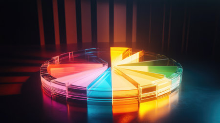 A D exploded pie chart with each segment floating apart from the center, vividly colored and illuminated, representing data comparison.の素材
