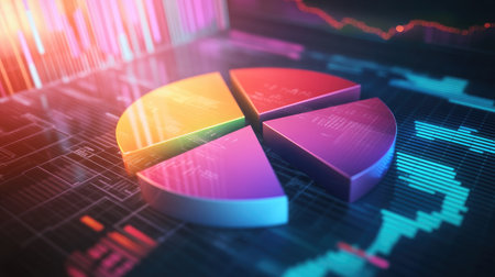 A D pie chart floating in a digital space with each segment vividly colored and detached, symbolizing data distribution and market analysis.の素材