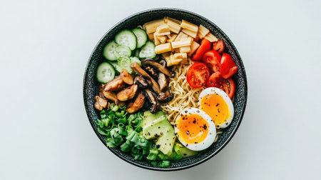A beautifully styled ramen bowl with vibrant toppings like bamboo shoots, mushrooms, and a soft-boiled egg, creating an inviting presentation against a white backdrop.の素材