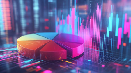 A D pie chart floating in a digital space with each segment vividly colored and detached, symbolizing data distribution and market analysis.の素材