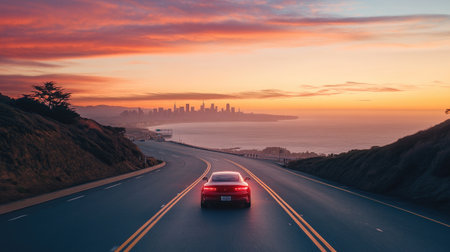 A car cruising down a coastal highway at sunset, with the ocean on one side and a new city skyline in the distance, ready for exploration.の素材
