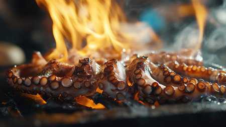 A close-up of marinated octopus tentacles being grilled on an open flame, their edges slightly charred, with a smoky aroma rising in the background.の素材