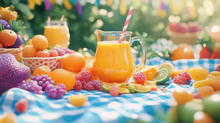 A colorful outdoor picnic setup with a pitcher of orange smoothie surrounded by fruits, snacks, and a bright checkered blanket, perfect for summer gatheringsの素材