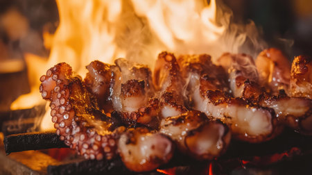 A close-up of marinated octopus tentacles being grilled on an open flame, their edges slightly charred, with a smoky aroma rising in the background.の素材