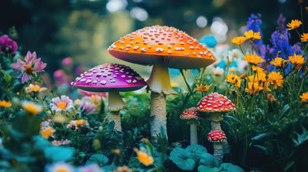 A colorful scene of mushrooms growing in a fairy-tale-like garden, with flowers and greenery surrounding them, creating a whimsical atmosphereの素材