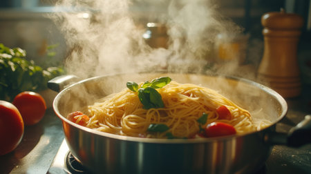 A close-up of spaghetti being served from a pot, steam rising, with fresh ingredients around, highlighting the cooking process and the warmth of homemade Italian cuisine.の素材