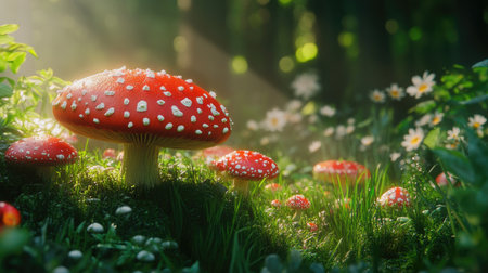 A close-up of vibrant red mushrooms with white spots growing among lush green grass, creating a whimsical forest scene filled with natural beautyの素材