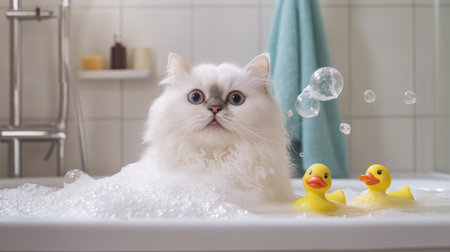 A fluffy white Persian cat sitting in a bubble bath, looking surprised, with playful rubber ducks floating beside it in a bright bathroomの素材